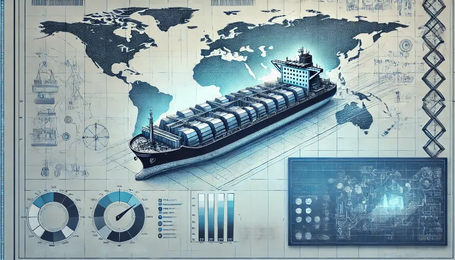 A futuristic concept sketch of a zero-emission ship powered by hydrogen and ammonia. The ship is depicted with clean lines and technical details, showcasing advanced technology. The background features a futuristic harbor with modern, advanced infrastructure, including sleek buildings and high-tech docking facilities. 