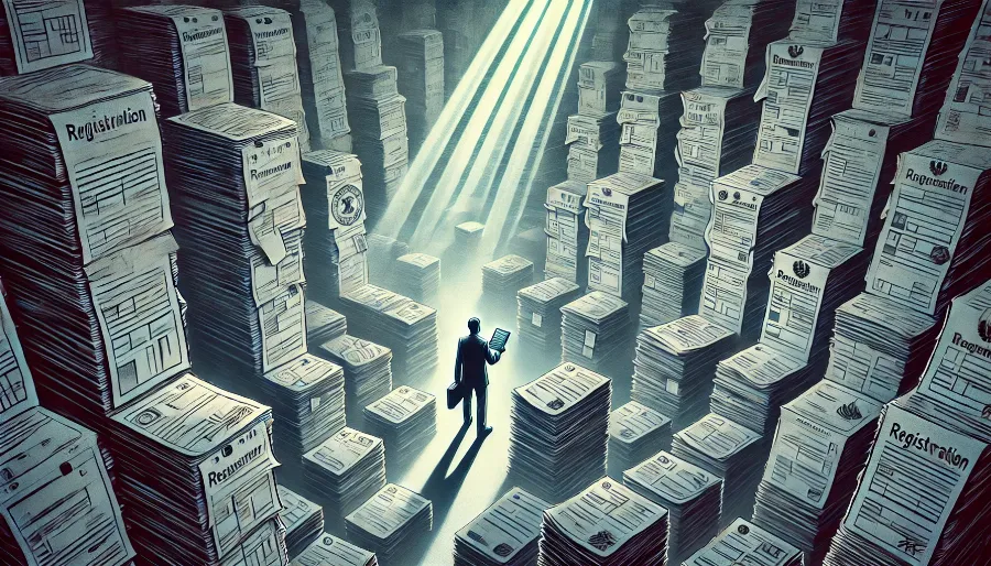 A monochromatic illustration of an expat standing in the center of a towering maze made of official documents, with light beams cutting through the fog. The expat holds a registration form, looking determined. The scene is dramatic with high contrast, using an ink wash effect to emphasize the overwhelming nature of the bureaucracy